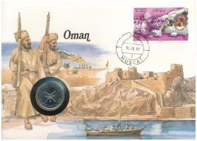 Omán 1987. 50b érmés borítékban, bélyeggel és bélyegzéssel, német nyelvű ismertetővel T:UNC  Oman 1987 50 Baisa in coin envelope, with stamp and cancellation, with German description C:UNC