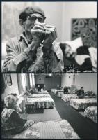 cca 1988 Erdei Katalin budapesti fotóriporter és fotóművész két vintage fotója, pecséttel jelzett (Szociális otthonban, A feladat), ezüst zselatinos fotópapíron, 13x18 cm és 12,2x17,8 cm