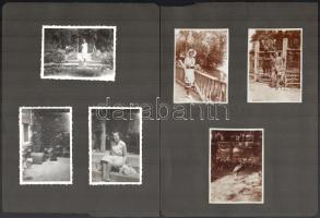 1931 Esztergomi strandfürdőben készült privát felvételek, 5 db vintage fotó, ezüst zselatinos fotópapíron, az albumlapon feliratozva, két albumlapra felragasztva, ezek hátoldalán további hat fotó látható, 6x9 cm vagy ehhez közeli méretekben, karton 24x18 cm
