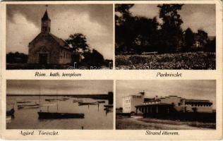 1939 Agárd (Gárdony), Római katolikus templom, Park, Strand étterem, tó részlet. Nagy Vendelné kiadása (EB)