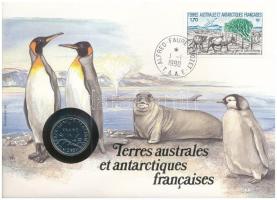 Francia Déli és Antarktiszi területek felbélyegzett borítékban, bélyegzéssel, német nyelvű tájékoztatóval, benne Franciaország 1989. 1Fr Ni T:UNC French Southern and Antarctic Lands in envelope with stamp, cancellation and a prospectus in german, in it France 1989. 1 Franc Ni C:UNC