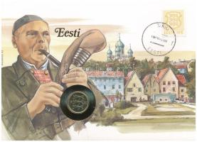 Észtország 1992. 50s Cu-Al-Ni felbélyegzett borítékban, bélyegzéssel, német nyelvű tájékoztatóval T:UNC Estonia 1992. 50 Senti Cu-Al-Ni in envelope with stamp, cancellation and a prospectus in german C:UNC