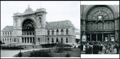 Keleti pályaudvar (Budapest) két különböző hatalmi korban; a nagyobb képen az épület homlokzatán ,,Királyi Állami Vasutak felirat (cca 1900), a kisebb fotón vörös csillag (cca 1960), 2 db modern nagyítás, jelzés nélkül, 15x10 cm és 15x21 cm