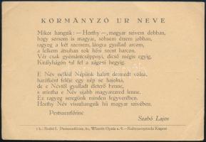 cca 1930-1940 Pestszentlőrinc, Szabó Lajos: ,,Kormányzó ur neve", Horthy Miklóst éltető, hazafias vers szövege. Kispest, Kultura-ny., 15x10,5 cm