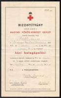 1936 Nagytétény, a Magyar Vörös-Kereszt Egylet által kiállított bizonyítvány házi betegápolási tanfolyam elvégzéséről, Mustetz Aranka részére, rajta báró Apor Gizella (1886-1971), az ápolónői szakosztály vezetőjének autográf aláírásával. Hajtva, 33,5x20,5 cm