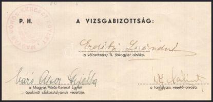 1936 Nagytétény, a Magyar Vörös-Kereszt Egylet által kiállított bizonyítvány házi betegápolási tanfo...