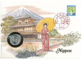 Japán 1981. 100Y Cu-Ni felbélyegzett borítékban, bélyegzéssel, német nyelvű leírással T:UNC  Japan 1981. 100 Yen Cu-Ni in envelope with stamp and cancellation and german language description C:UNC