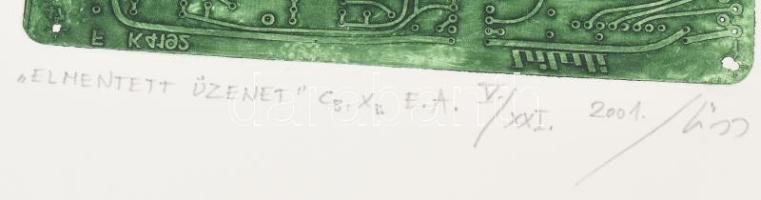 Kiss Ilona (1955-): "Elmentett üzenet", 2001. Linómetszet, magasnyomó formáról készült mél...