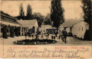 1903 Pöstyén, Piestany; Régi fürdő tér, infanteristák, kerékpár / Alter Badehausplatz / square, old bath, spa carriages, bicycle (b)