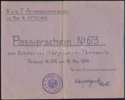 1916 Czernowitz (Cernauti, Csernyovic) környéke Passierschein a k.u.k. 7. Armekommando kiadásában