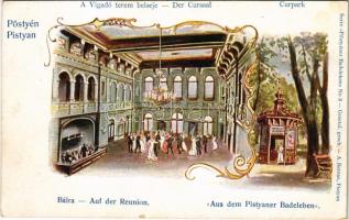 Pöstyén, Piestany; Aus dem Pistyaner Badeleben. Der Cursaal, Auf der Reunion, Curpark / A vigadó terem belseje, bál. A. Bernas kiadása / spa, concert hall, dance, park. Art Nouveau (fl)