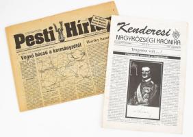 1993 Horthy Miklós újratemetésével kapcsolatos újságok, 2 db: A Kenderesi Nagyközségi Krónika a temetés alkalmából kiadott különszáma, 1993. aug. 23. + A Pesti Hírlap 1993. szept. 4-i száma, Horthy-melléklettel, kissé sérült