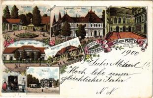 1900 Pöstyén, Piestany; Fürdők, Gyógyterem, Színház, Fischer szálloda, Parkvilla / Bäder, Cur-Salon, Theater, Hotel Fischer / spa, baths, theatre, hotel, villa. Art Nouveau, floral, litho (EK)