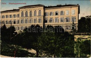 Pola, Pula; Staatsgymnasium / grammar school + "K.u.k. Arbeiterabteilungskommando S.M.S. CUSTOZA" Zensuriert (gyűrődések / creases)