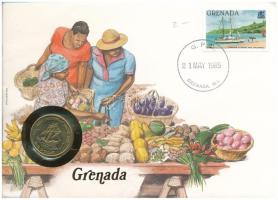 Kelet-Karibi Államok 1981. 1$ Al-bronz felbélyegzett &quot;Grenada&quot; borítékban, bélyegzéssel, német nyelvű leírással T:UNC East Caribbean States 1981. 1 Dollar Al-bronze in &quot;Grenada&quot; envelope with stamp and cancellation, with German description C:UNC