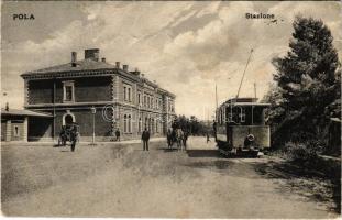 1910 Pola, Pula; Stazione / vasútállomás, villamos / railway station, tram (fl)