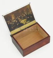 ca 1930 Első magyar biztosító társaság fém tetejű fa doboz kívül belül nyomtatvánnyal. 12x9 cm