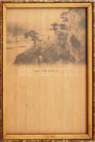 2 db régi japán képeslap, rajta kézzel írt feliratokkal, üvegezett fakeretben, 19x13 cm