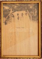 2 db régi japán képeslap, rajta kézzel írt feliratokkal, üvegezett fakeretben, 19x13 cm