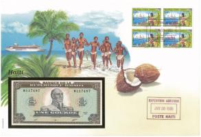 Haiti 1989. 1G felbélyegzett borítékban, bélyegzéssel T:UNC Haiti 1989. 1 Gourde in envelope with stamp and cancellation C:UNC