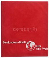 Banknoten Briefe aus aller Welt piros, plüssborítású, négygyűrűs album 30db, osztás nélküli berakólappal. Használt, jó állapotban