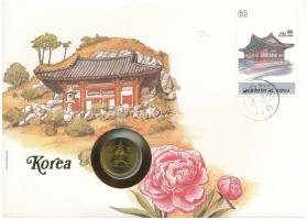 Dél-Korea 1985. 10W Cu felbélyegzett borítékban, bélyegzéssel T:UNC patina South Korea 1985. 10 Won Cu in envelope with stamp, and cancellation C:UNC patina