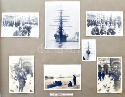 cca 1930-1940 Családi fotóalbum (Fenyődi család), benne érdekes képekkel: Graf Zeppelin léghajó Budapest felett, Halászbástya, Parlament, utazási képek (Velence, Fiume), mezőgazdasági munka, tájképek (Erdély?), cserkésztábor, néhány katonafotó, stb. Összesen több, mint 100 db fotóval. Zsinórfűzéses, vászonborítású albumban, 25x35 cm