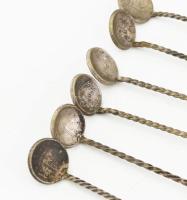 6 darab brazil keverőkanál, 1 Cruzeiro érme ráillesztéssel és ásvány befoglalással, h: 14,5 cm