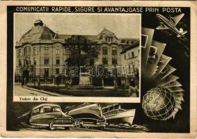1956 Kolozsvár, Cluj; Comunicatii rapide, sigure si avantajoase prin posta / Montage with postal sercvice vehicles: automobile, train, ship (EK)