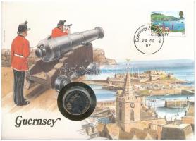 Guernsey 1987. 5p Cu-Ni felbélyegzett borítékban, bélyegzéssel, német nyelvű leírással T:AU Guernsey 1987. 5 Pence Cu-Ni in envelope with stamp, cancellation and a prospectus in german C:AU