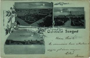 1899 (Vorläufer) Szeged, Széchenyi tér, Városháza, Közúti híd, este. Traub B. és társa kiadása, Art Nouveau, floral (EK)