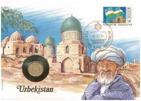 Üzbegisztán felbélyegzett borítékban, bélyegzéssel, német nyelvű tájékoztatóval, benne Oroszország 1992. 1R Cu-Ni T:UNC Uzbekistan in envelope with stamp, cancellation and a prospectus in german, in it Russia 1992. 1 Ruble Cu-Ni C:UNC