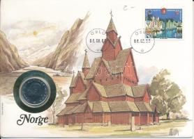 Norvégia 1988. 1K Cu-Ni felbélyegzett érmés borítékban, bélyegzéssel T:AU Norway 1988. 1 Kronor Cu-Ni in coin envelope with stamp, cancellation C:AU