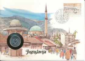 Jugoszlávia 1983. 10D Cu-Ni felbélyegzett borítékban, bélyegzéssel, német nyelvű tájékoztatóval T:UNC  Yugoslavia 1983. 10 Dinara Cu-Ni in envelope with stamp, cancellation and a prospectus in german C:AU