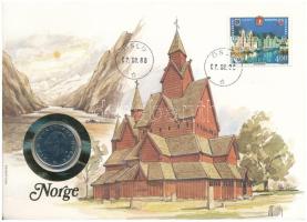 Norvégia 1988. 1K Cu-Ni felbélyegzett érmés borítékban, bélyegzéssel T:AU Norway 1988. 1 Kronor Cu-Ni in coin envelope with stamp, cancellation C:AU