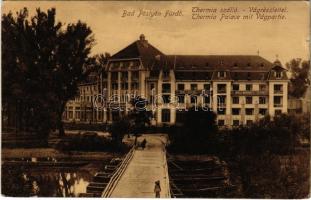 1919 Pöstyén, Piestany; Thermia szálló Vág részlettel, hajóhíd (pontonhíd) / Thermia Palace mit Vágpartie / hotel, Váh riverside, pontoon bridge (kis szakadás / small tear)