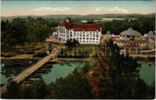 Pöstyén, Piestany; Kúpel Irma a hotel-Palace Thermia / Irma fürdő és Palace Thermia szálloda, hajóhíd (pontonhíd) / spa, bath, hotel, pontoon bridge (EK)