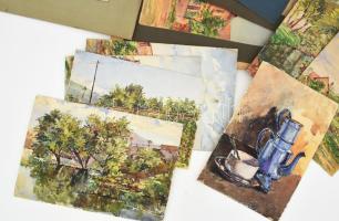 14 db akvarell Fülöp Endre, Kokál, Mauczek jelzésekkel a századelőről, tájképek, városképek. közötte...