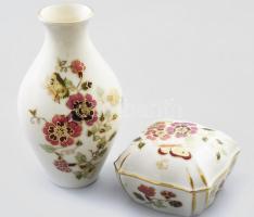 2 db Zsolnay pillangó mintás porcelán váza 14 cm és bonbonniere 7x7 cm. Kézzel festett, jelzett, hibátlan