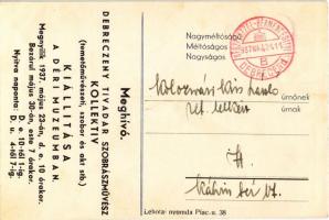 1937 Meghívó: Debreczeny Tivadar szobrászművész kollektív kiállítása a Déri Múzeumban + "Készpé...