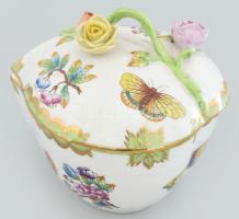 Herendi Viktória mintás szív alakú bonbonier, futórózsa fogóval, jelzett, hibátlal, 13x12x11,5 cm