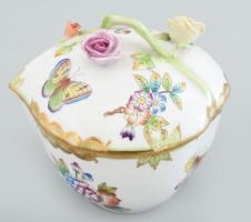 Herendi Viktória mintás szív alakú bonbonier, futórózsa fogóval, jelzett, hibátlal, 13x12x11,5 cm