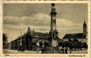 1939 Tolna, Szentháromság tér és szobor, takarékpénztár, üzletek. Özv. Bauer Ádámné kiadása (ragasztónyom / glue marks)