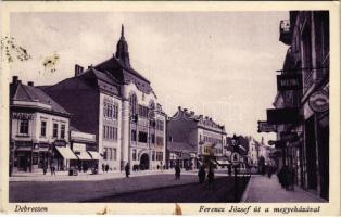 1930 Debrecen, Ferenc József út a megyeházzal, patika, gyógyszertár, üzletek (fl)