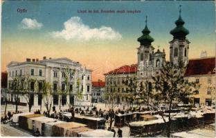 Győr, Lloyd és Szent Benedek rendi templom, piac. Vasúti levelezőlapárusítás 2. sz. 1916. (EK)