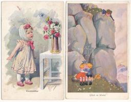 7 db RÉGI művész motívum képeslap vegyes minőségben: gyerekek / 7 pre-1945 art motive postcards in m...