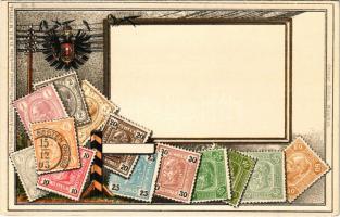 Set of Austrian (Austro-Hungarian) Heller stamps, coat of arms. Philatelie-Ansichtskarte Ottmar Zieher No. 6. Art Nouveau, Emb. litho (lyukak / pinholes)