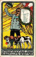 1910 Wien, Erste Internationale Jagdausstellung / The First International Hunting Exposition in Vienna. Hunting dogs, hunter with portrait of Franz Joseph. Advertisement art postcard s: Erwin Puchinger + So. Stpl. (kis szakadások / small tears)