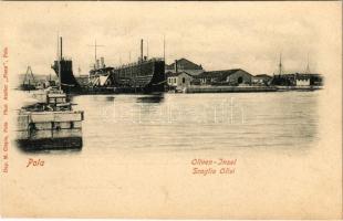 Pola, Pula; Auf der Oliven-Insel / Ponte e Scolio Olivi / Olíva-sziget a hadihajógyárral / K.u.K. Kriegsmarine Werft / Austro-Hungarian Navy shipyard. Phot. Atelier "Flora". Dep. M. Clapis