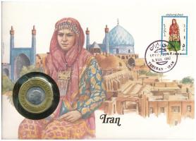 Irán 1972. 1R Cu-Ni &quot;Mohammad Reza&quot; réz &quot;Republica Islamica Iran&quot; gyűrűbe foglalva felbélyegzett borítékban, bélyegzéssel, német nyelvű tájékoztatóval T:UNC Iran 1972. 1 Rial Cu-Ni &quot;Mohammad Reza&quot; in a &quot;Republica Islamica Iran&quot; brass ring in envelope with stamp, cancellation and a prospectus in german C:UNC